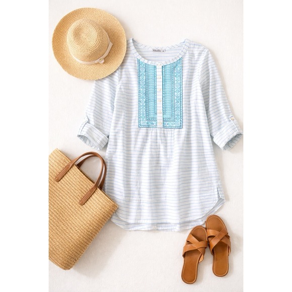 Vineyard Vines Tops - Vineyard Vines Women Tunic Top 14 Seersucker Embroidered Blue Stripe #2W2026